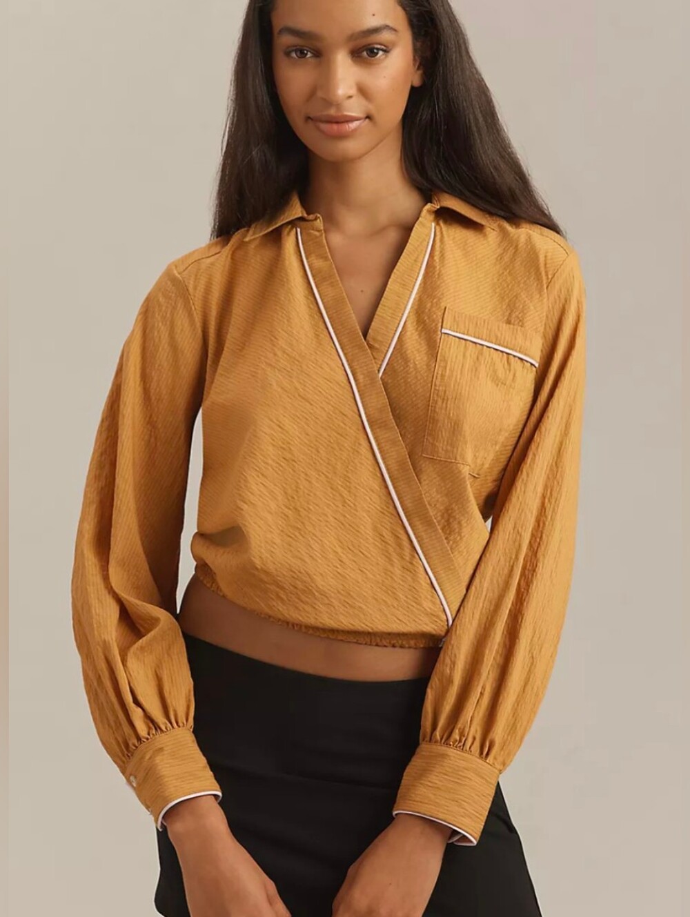Anthropologie Maeve Long-Sleeve Piped Wrap Blouse  Size XXS